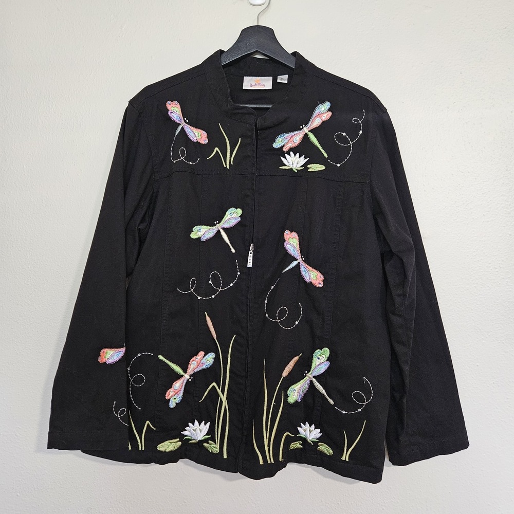 Quacker Factory Women's XL Black Embroidered Dragonfly Full Zip Jacket Beaded...